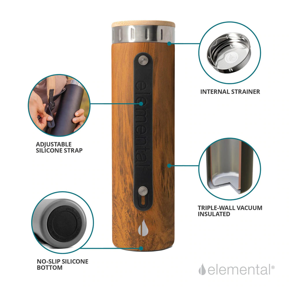 Classic Elemental Stainless Water Bottle - Teak Wood Bamboo Cap 20 oz.