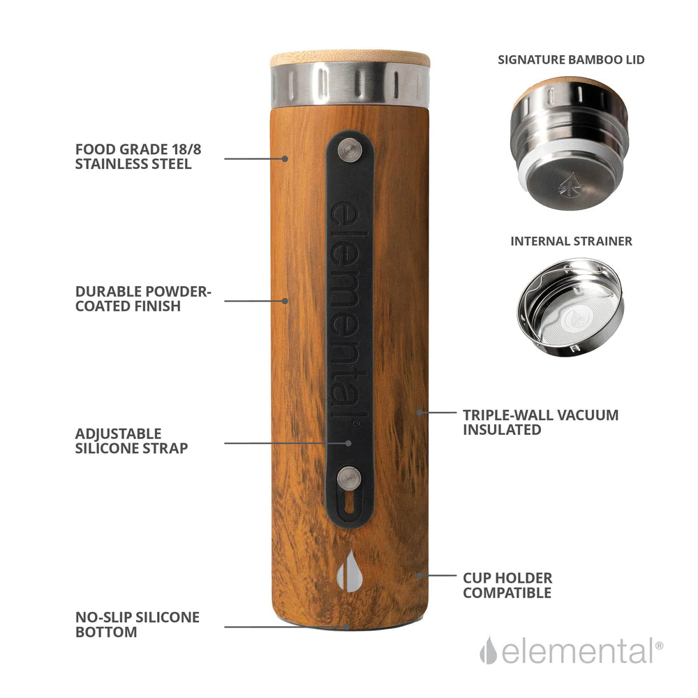 Classic Elemental Stainless Water Bottle - Teak Wood Bamboo Cap 20 oz.